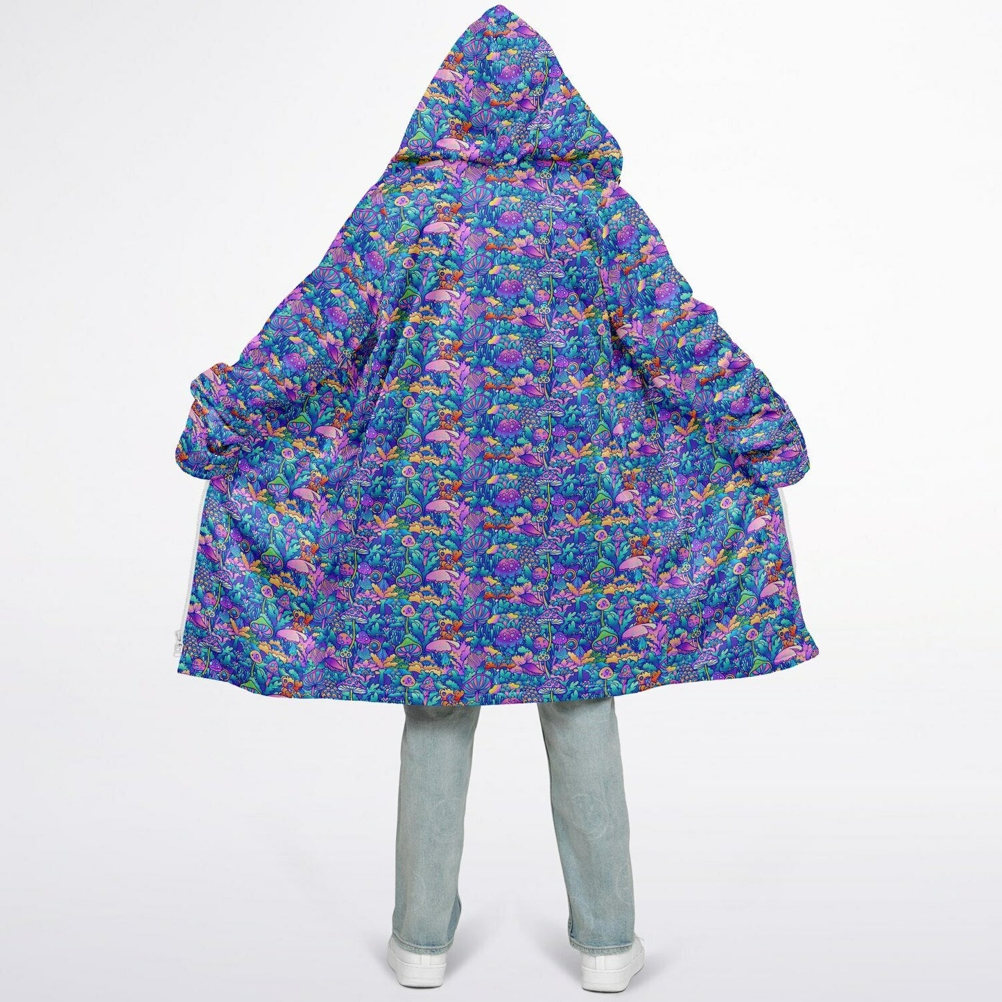 Psychedelic Mushrooms Cuddle Coat | Unisex Minky Sherpa Lined Coat with Hood, Zipper and Pockets | Women and Mens Festival Coat | Mountain Fashion