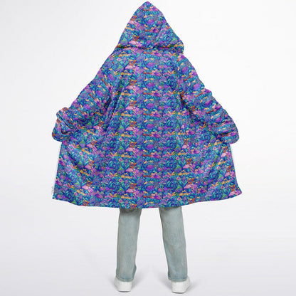 Psychedelic Mushrooms Cuddle Coat | Unisex Minky Sherpa Lined Coat with Hood, Zipper and Pockets | Women and Mens Festival Coat | Mountain Fashion