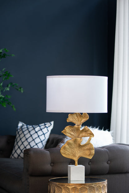 Gold Ginkgo Leaf Table Lamp with Marble Base and White Drum Shade