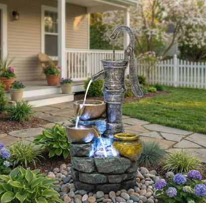 32'' H Large Outdoor Fountain with Vintage Pump