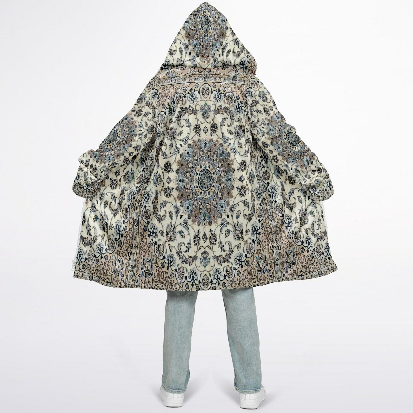Classic Persian Carpet Cuddle Coat | Nain, Cream and Soft Blue | Unisex Minky Sherpa Lined Coat with Hood, Zipper and Pockets | Women and Mens Festival Coat | Mountain Fashion