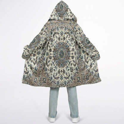 Classic Persian Carpet Cuddle Coat | Nain, Cream and Soft Blue | Unisex Minky Sherpa Lined Coat with Hood, Zipper and Pockets | Women and Mens Festival Coat | Mountain Fashion