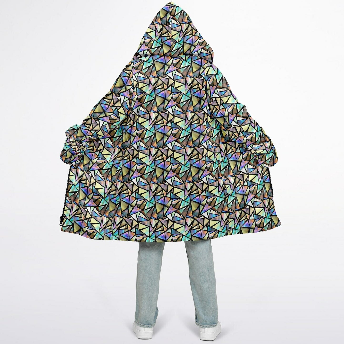 Geo Prism Cuddle Coat | Unisex Minky Sherpa Lined Coat with Hood, Zipper and Pockets | Women and Mens Festival Coat | Mountain Fashion