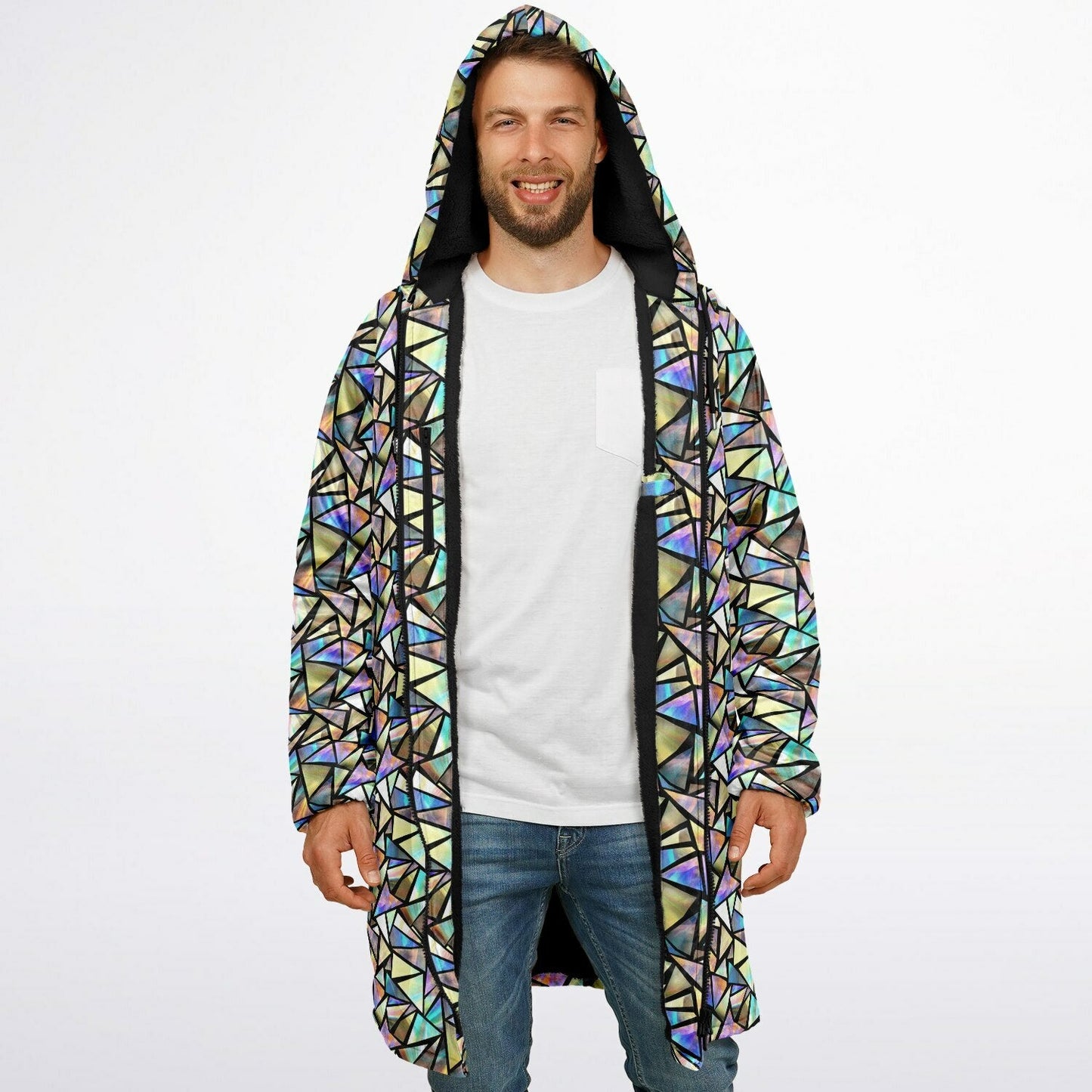 Geo Prism Cuddle Coat | Unisex Minky Sherpa Lined Coat with Hood, Zipper and Pockets | Women and Mens Festival Coat | Mountain Fashion