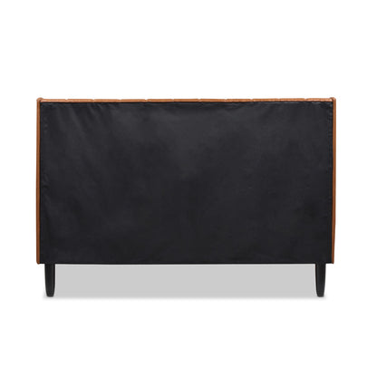 Aspen Vertical Tufted Modern Headboard Platform Bed Set, Queen, Caramel Tan Brown Faux Leather