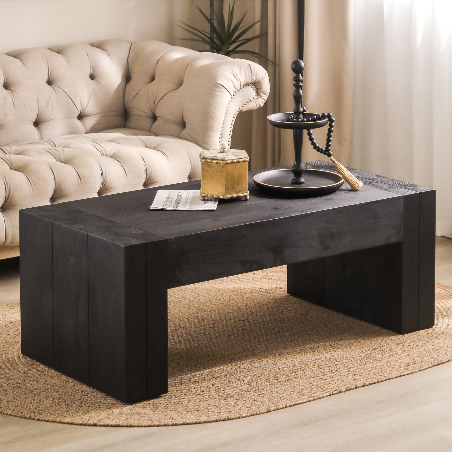 Modern Black Solid Wood Coffee Table, 49in Rectangular