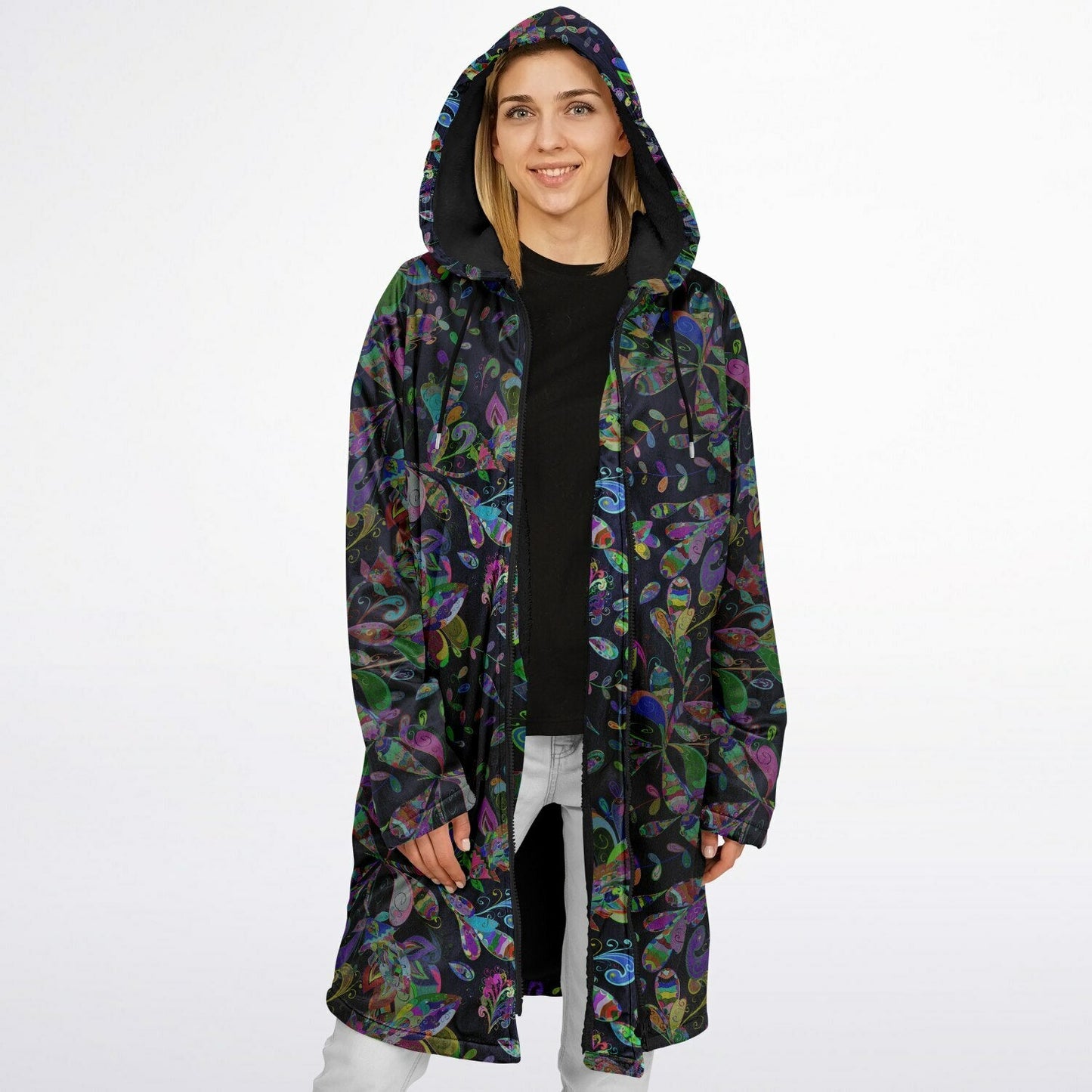 Petal Pop Cuddle Coat | Unisex Minky Sherpa Lined Coat with Hood, Zipper and Pockets | Women and Mens Festival Coat | Mountain Fashion