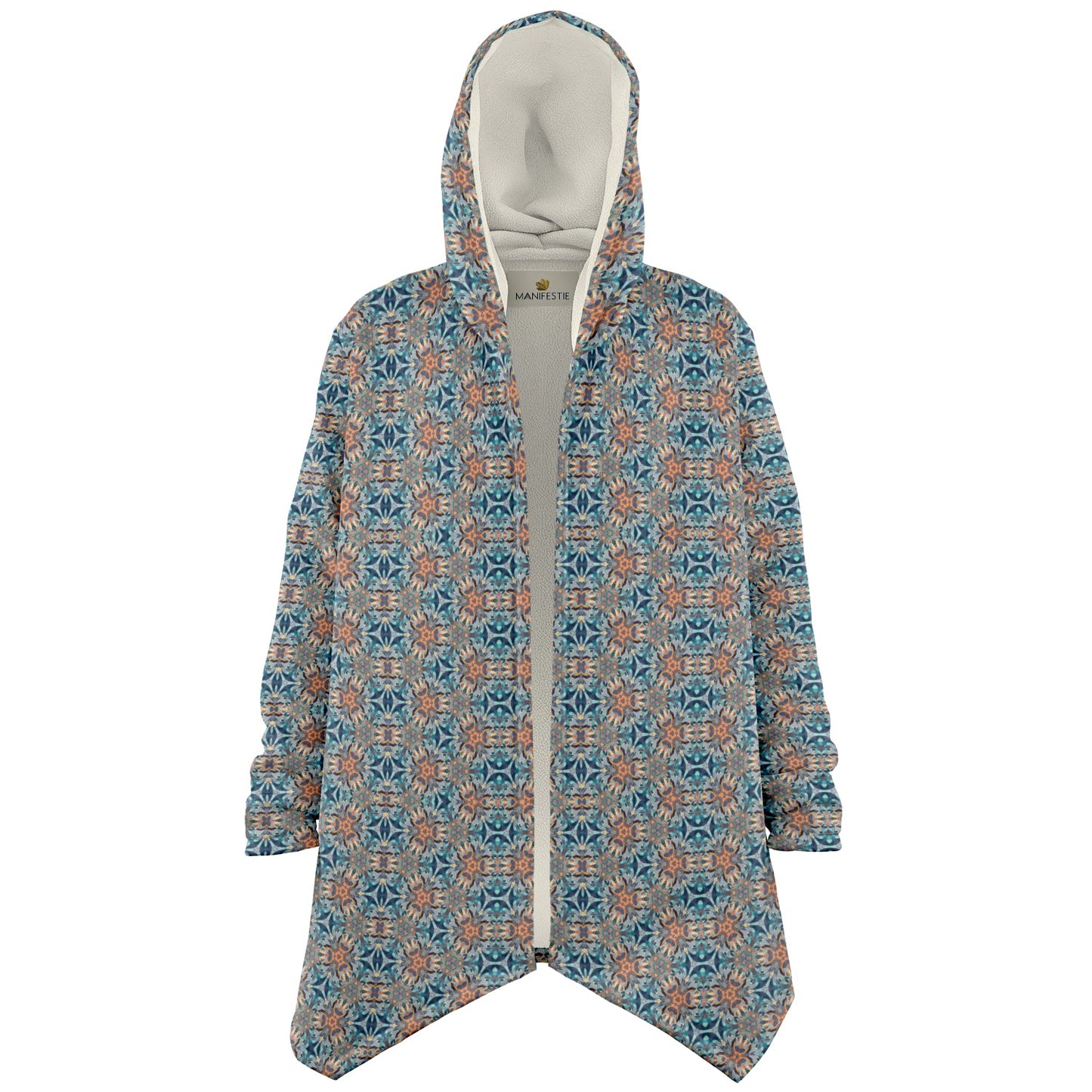 Mystic Mirror Cuddle Cloak |  Orange, Blue Face | Unisex Minky Sherpa Lined Hooded Coat | Women and Mens Festival Coat | Mountain Fashion