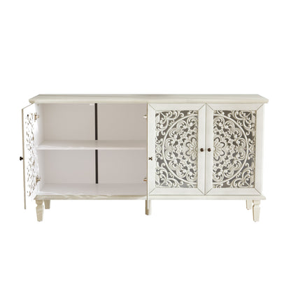 60" Antique Buffet Cabinet with Floral Carvings and Solid Wood Legs