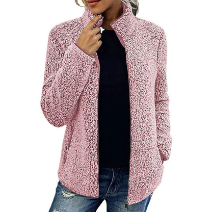 Fall Winter Warm Sweatshirt Stand Collar Solid Color Top Sweater Women's Casual Fashion Long Sleeve Zipper Bubble Velvet Coat Tops