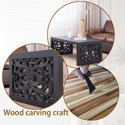 47.2" Solid Black Carved Wood Coffee Table – Handcrafted Look with Ornate Side Panels