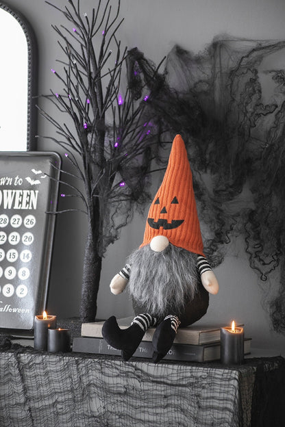 23.5" Seated Jack-O'-Lantern Gnome With Striped Limbs and Faux Fur Beard