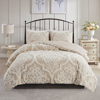 King/Cal King 3 Piece Tufted Cotton Chenille Damask Duvet Cover Set