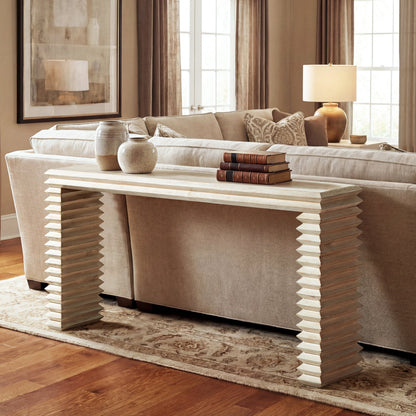 Veda 63' Reclaimed Wood Stacked Geometric Waterfall Console Table, Whitewashed Natural Reclaimed Pine Wood