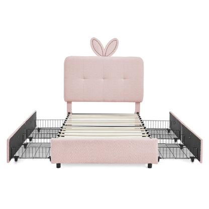 Twin Size Kids Upholstered Bed with Oversized Rabbit Ear Headboard