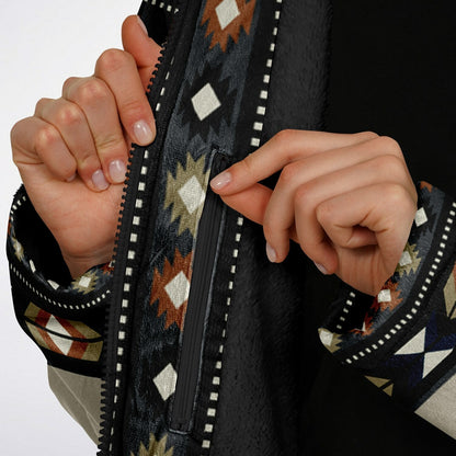 Izel Aztec Tribal Cuddle Coat | Unisex Minky Sherpa Lined Coat with Hood, Zipper and Pockets | Women and Mens Festival Coat | Mountain Fashion