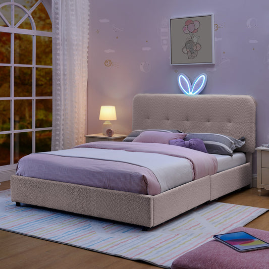 Full Size Kids Upholstered Bed with Oversized Rabbit Ear Headboard