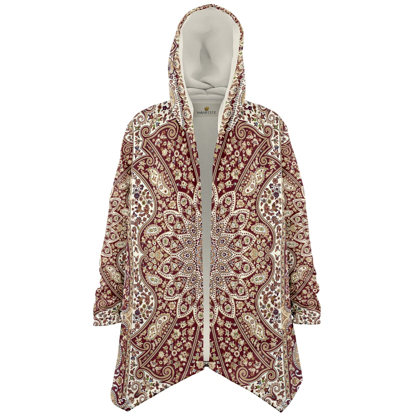 Classic Red Persian Carpet Cuddle Cloak | Unisex Minky Sherpa Lined Hooded Coat | Women and Mens Festival Coat | Mountain Fashion