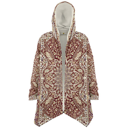 Classic Red Persian Carpet Cuddle Cloak | Unisex Minky Sherpa Lined Hooded Coat | Women and Mens Festival Coat | Mountain Fashion