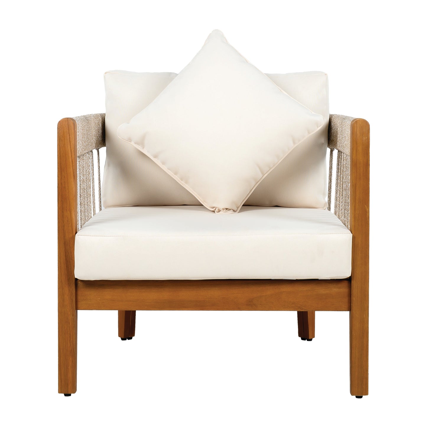 Acacia Wood Outdoor Club Chair with Handwoven Rope Accents & Curved Backrest