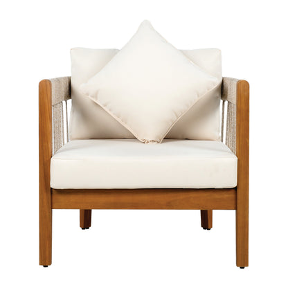 Acacia Wood Outdoor Club Chair with Handwoven Rope Accents & Curved Backrest