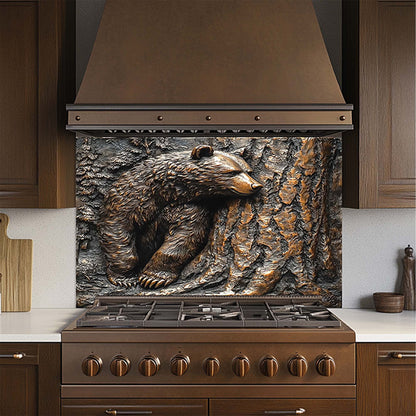 Pine Hide – Tempered Glass Backsplash for Kitchen Stove | Copper Look Bear & Tree Design