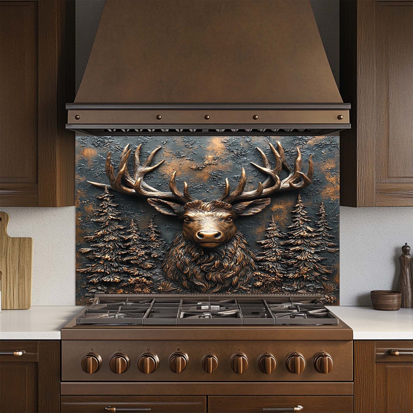 Stag Majesty – Tempered Glass Backsplash for Stove | Copper Deer Head Kitchen Backsplash