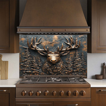 Stag Majesty – Tempered Glass Backsplash for Stove | Copper Deer Head Kitchen Backsplash