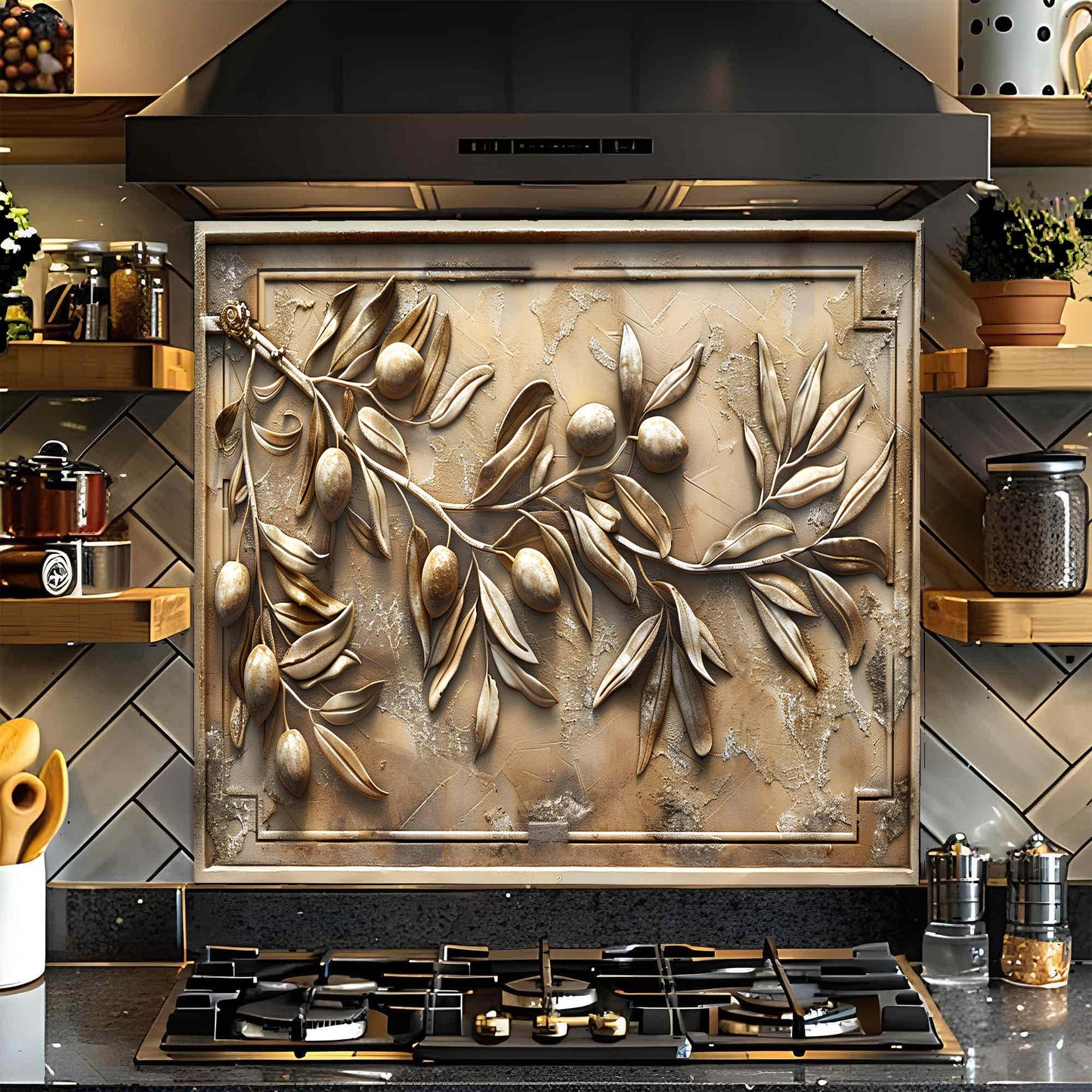 Olive Grace – Tempered Glass Backsplash for Kitchen | Textured Olive Branch Backsplash