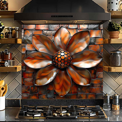 Copper Bloom – Tempered Glass Backsplash for Kitchen | Copper Look Flower Backsplash