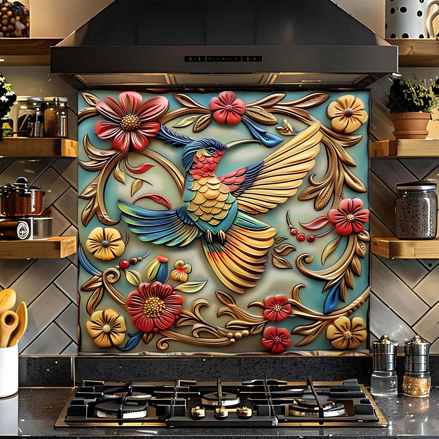 Feathered Rhapsody Tempered Glass Backsplash – Vibrant Bird & Floral Kitchen Backsplash