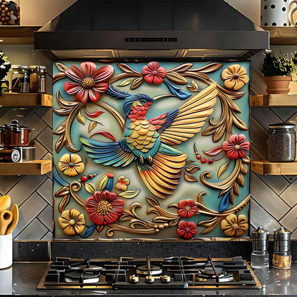 Feathered Rhapsody Tempered Glass Backsplash – Vibrant Bird & Floral Kitchen Backsplash