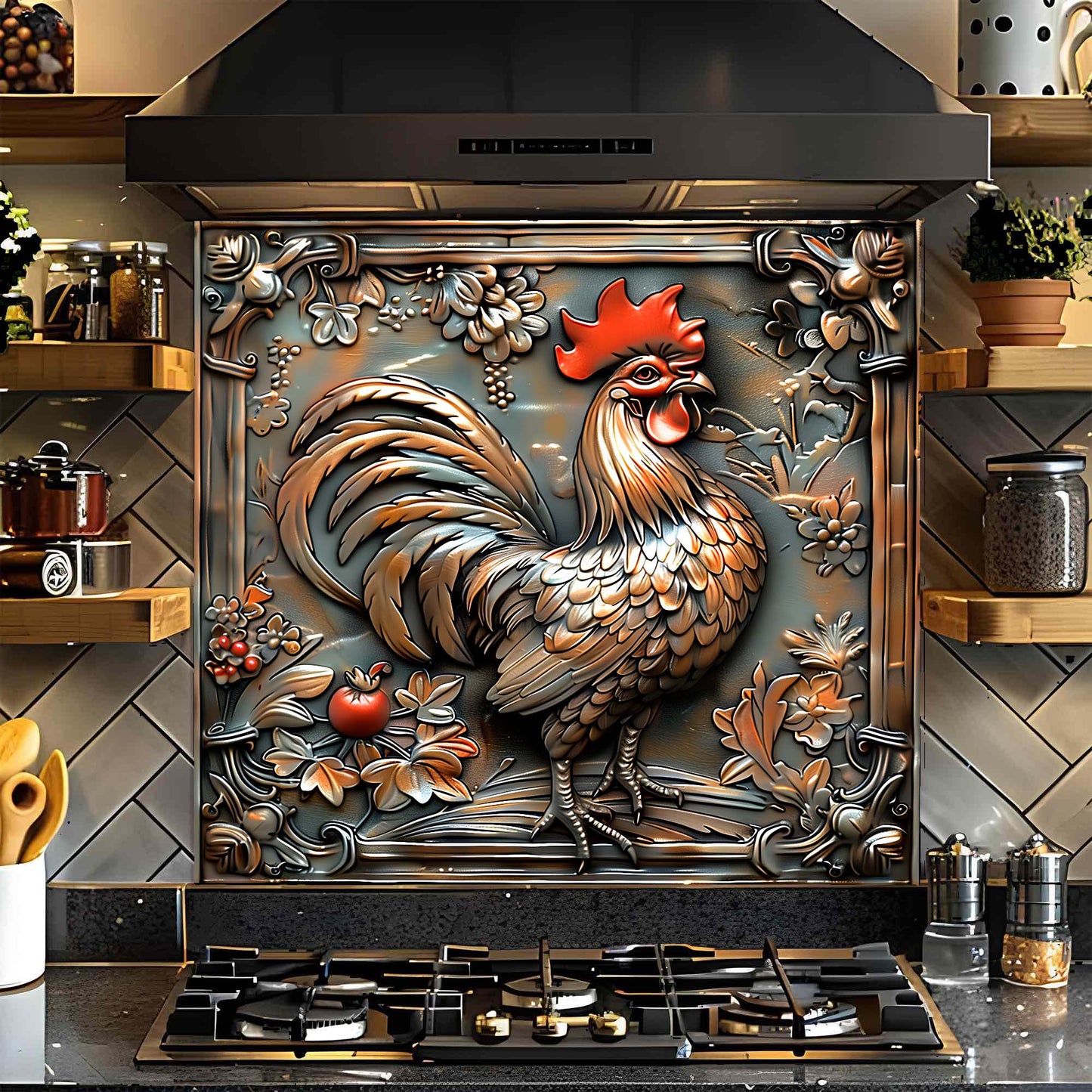 Copper Rooster – Tempered Glass Backsplash for Kitchen Stove | Copper Look Backsplash