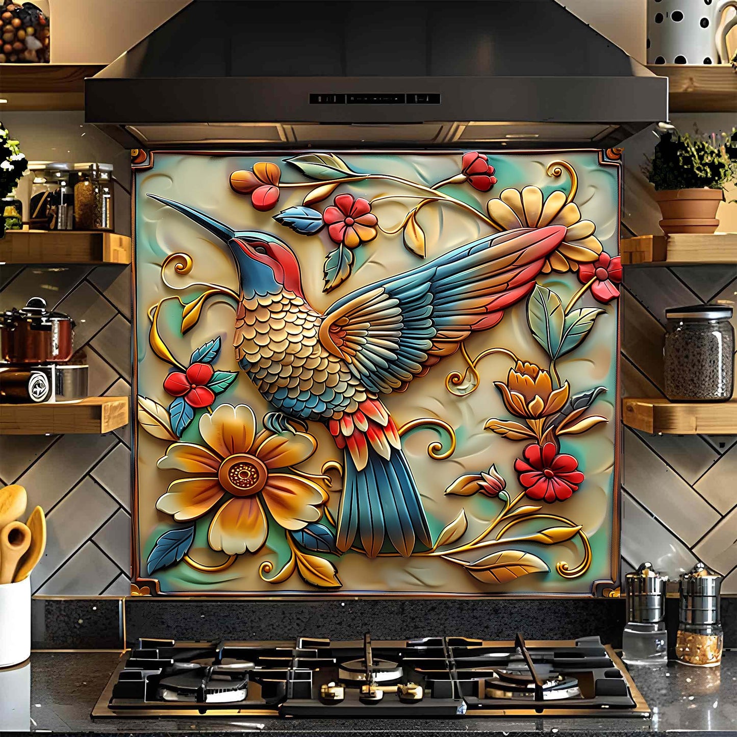 Birdsong Bloom Tempered Glass Backsplash – Colorful Floral & Bird Kitchen Backsplash
