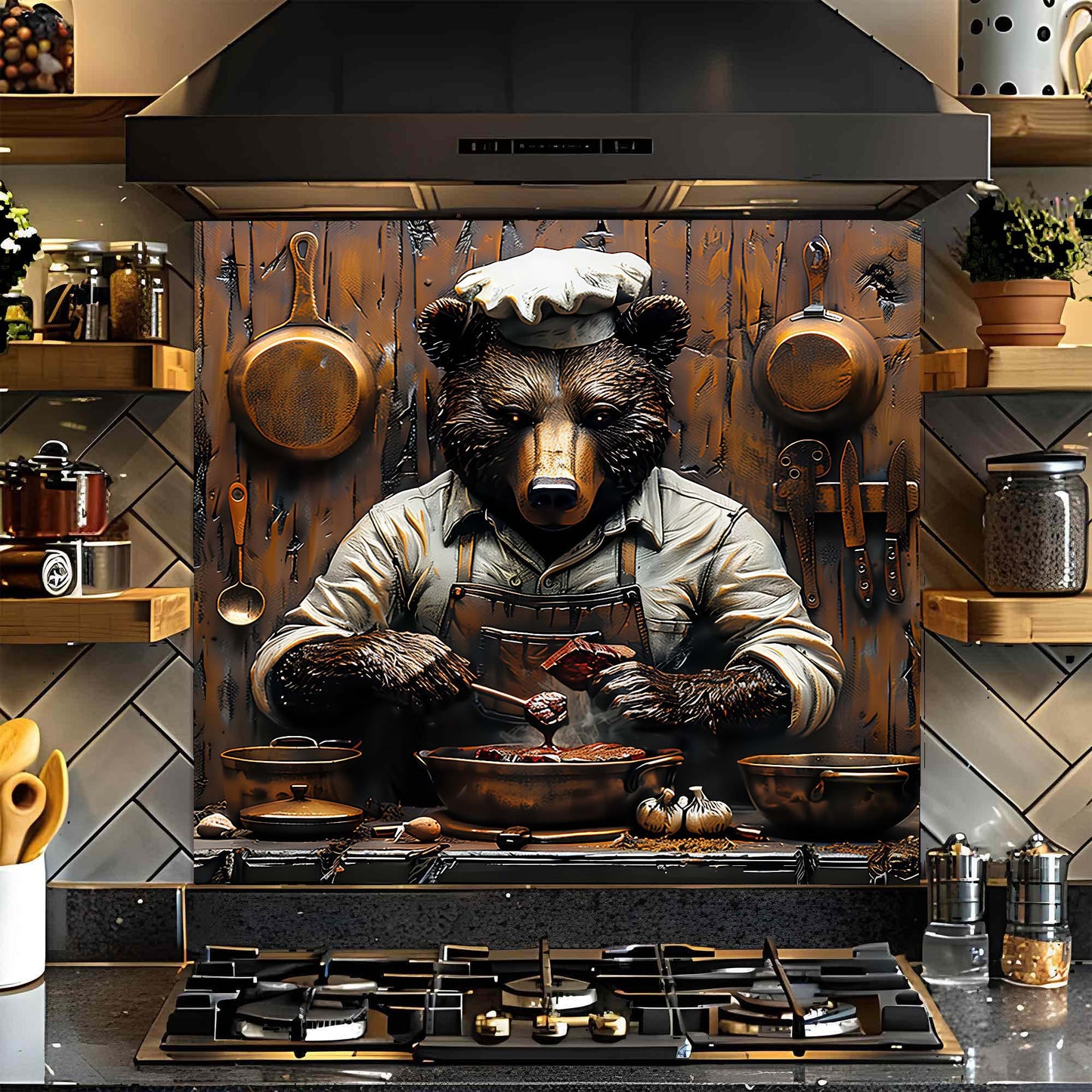 Chef Bear – Tempered Glass Backsplash for Kitchen Stove | Rustic Cooking Animal Backsplash