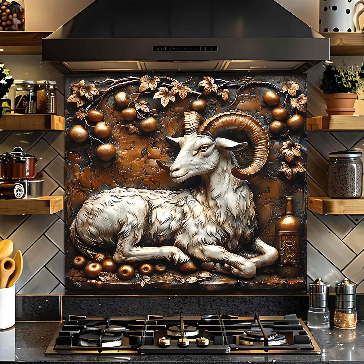 Golden Ram – Tempered Glass Backsplash for Kitchen Stove | Copper Look Ram Backsplash