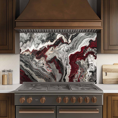 Glass Kitchen Backsplash – Red Black Marble Abstract Splashback for Stove