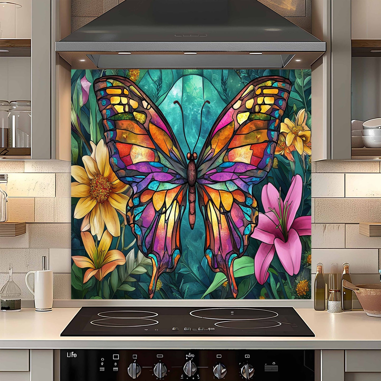 Tempered Glass Backsplash for Kitchen | Colorful Butterfly & Floral Stained Glass Design