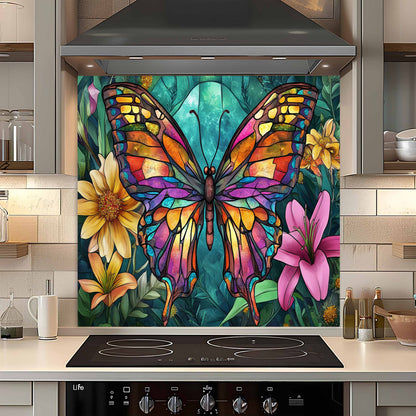 Tempered Glass Backsplash for Kitchen | Colorful Butterfly & Floral Stained Glass Design