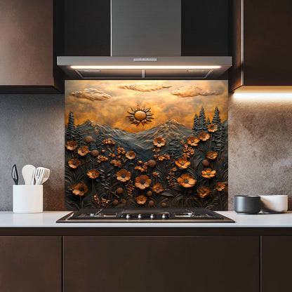 Golden Bloom Tempered Glass Backsplash – Floral Mountain Kitchen Stove Splashback