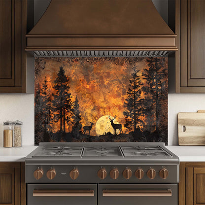 Forest Ember – Tempered Glass Backsplash for Kitchen | Deer & Pine Tree Silhouette Backsplash