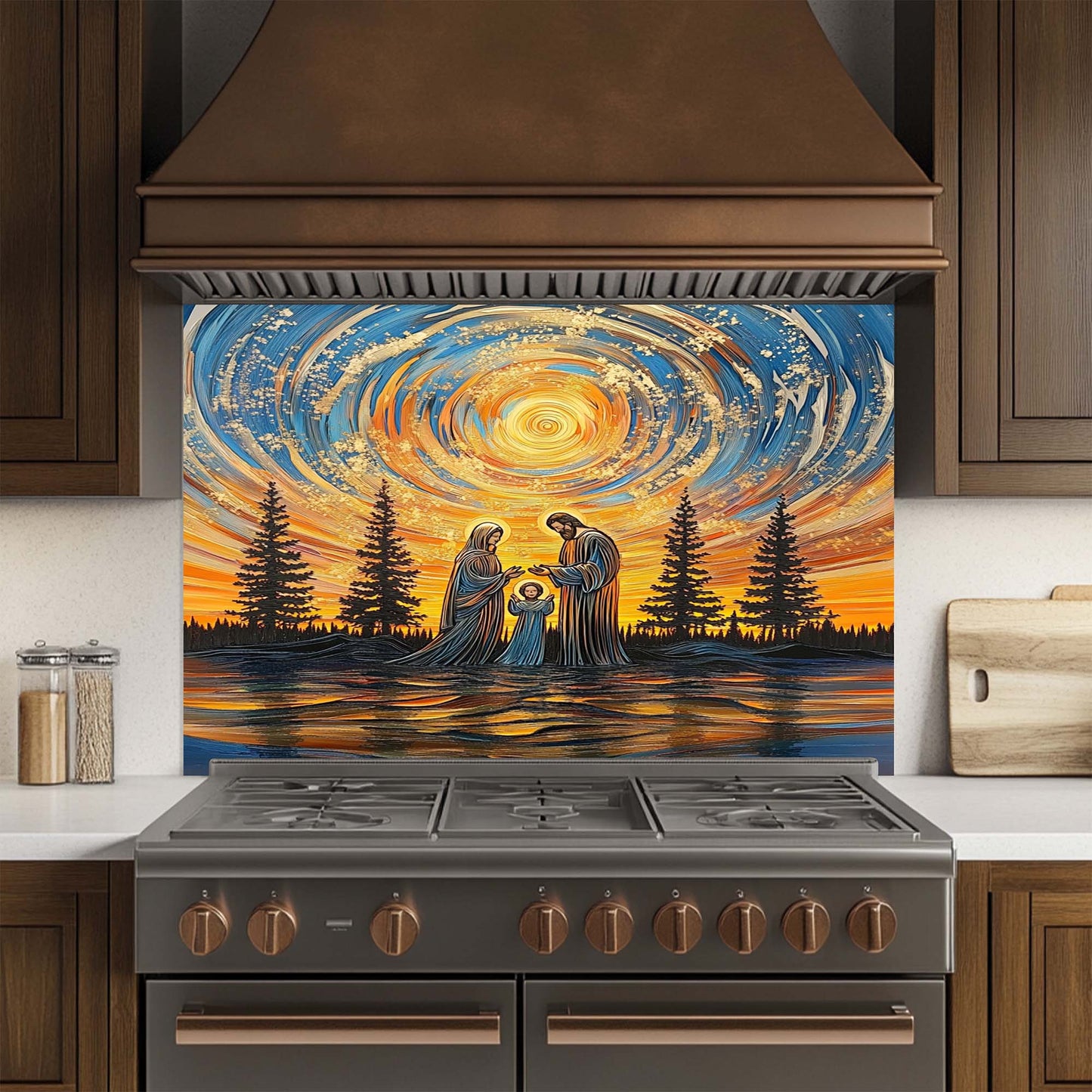 Divine Harmony – Tempered Glass Backsplash for Kitchen Stove | Holy Family Sunset Scene