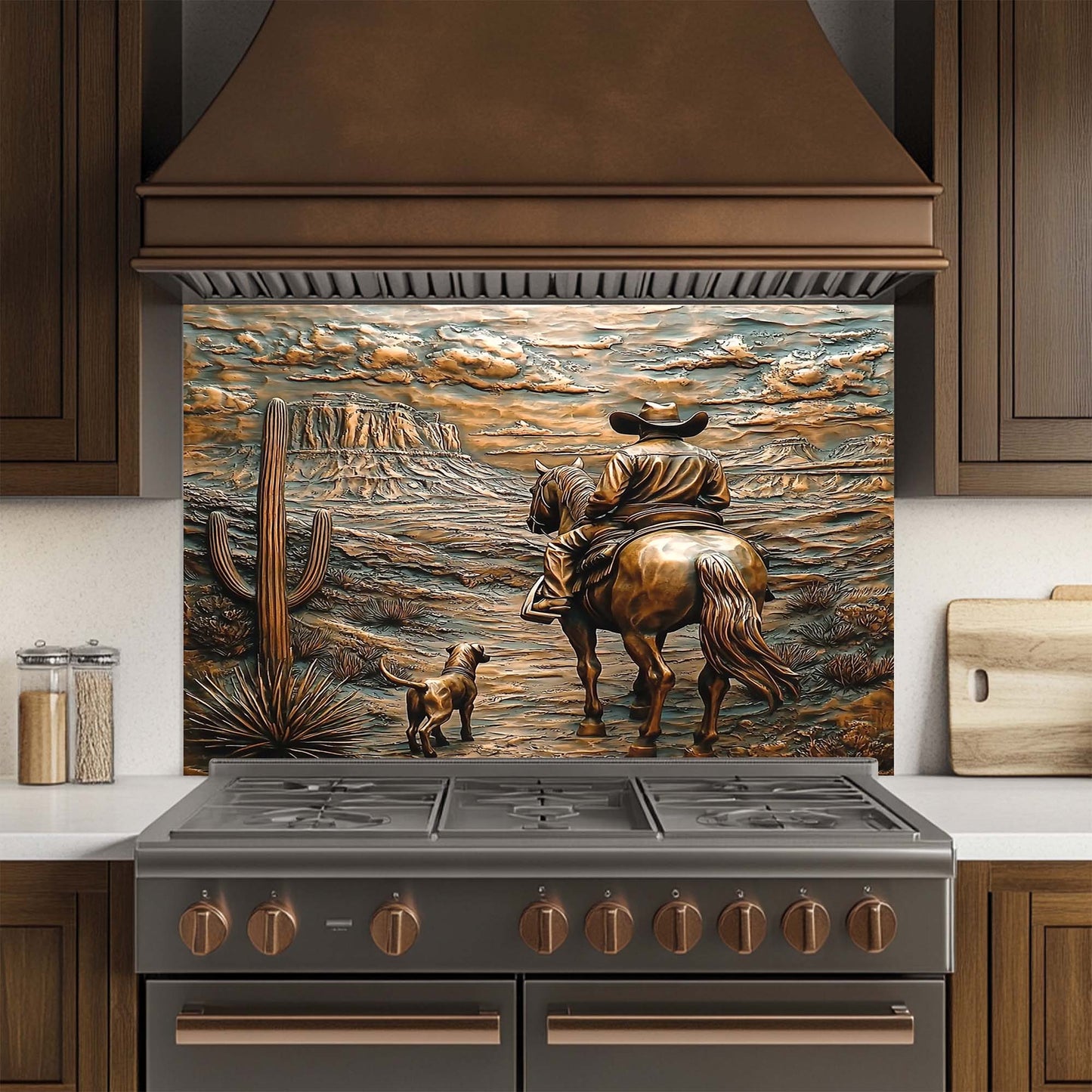 Desert Gaze – Tempered Glass Backsplash with Cowboy, Dog, and Canyon View