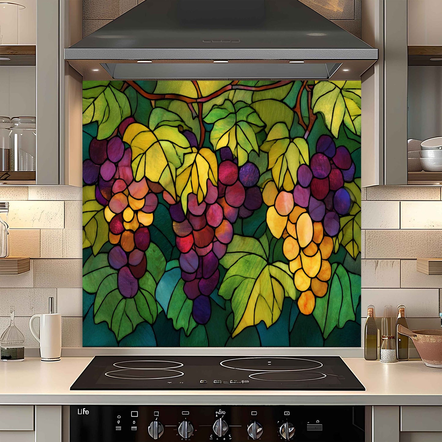 Tempered Glass Backsplash With Vivid Vineyard for Tuscan Style Kitchen
