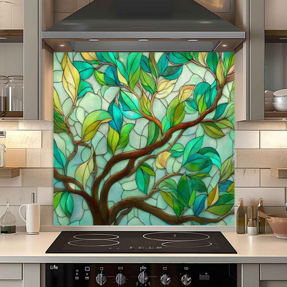 Tranquil Branches – Tempered Glass Backsplash with Tree Branch and Leaf Design