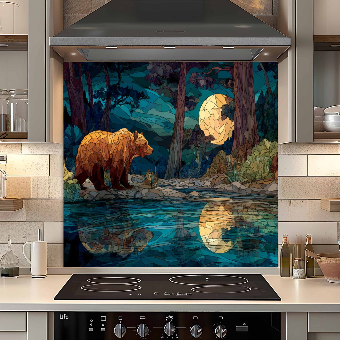 Moonlit Bear – Tempered Glass Backsplash For Forest Cabin Kitchen Style