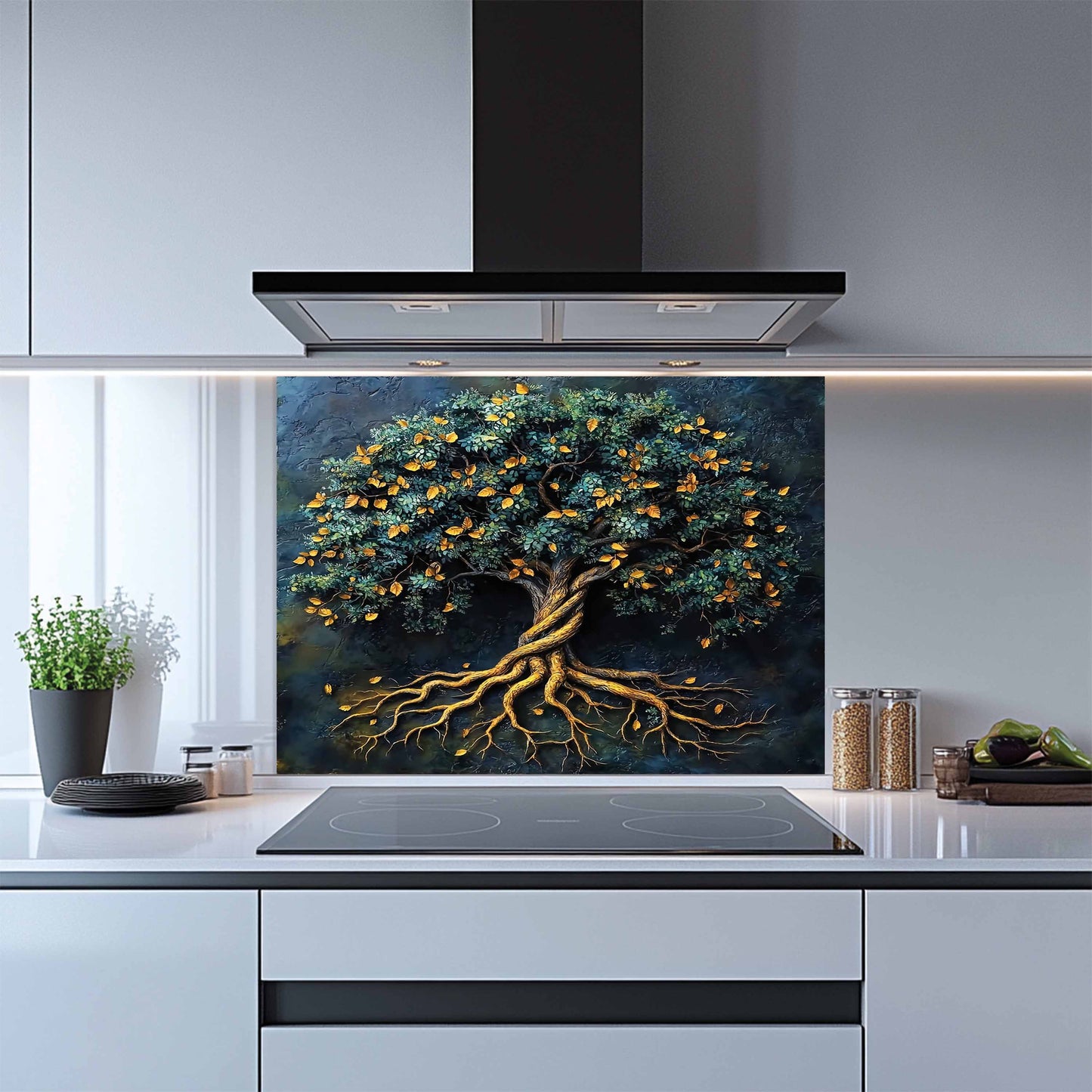 Golden Roots Kitchen Backsplash – Tempered Glass Backsplash for Kitchen Walls