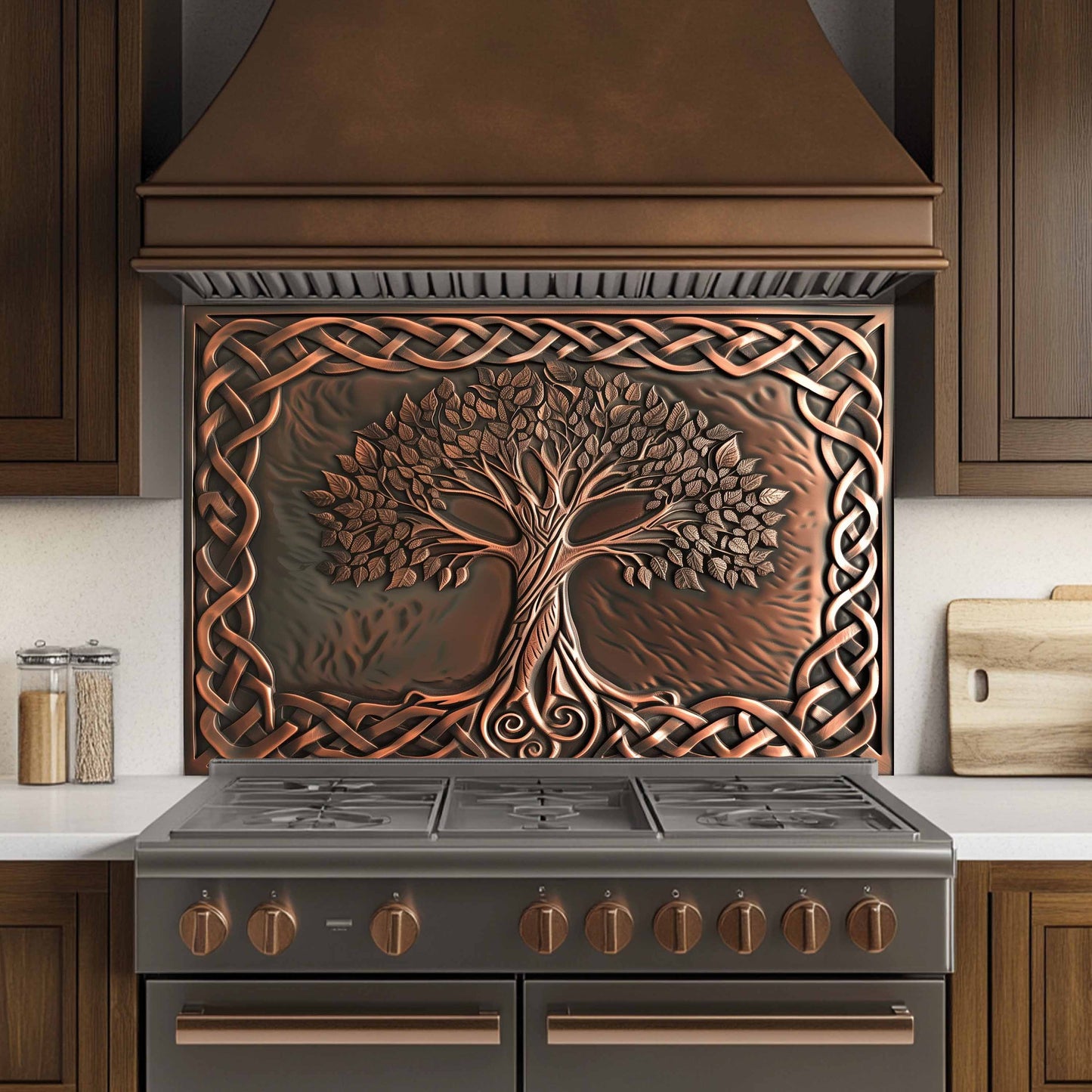 Custom Kitchen Backsplash – Copper Knot Look Tempered Glass Stove Backsplash