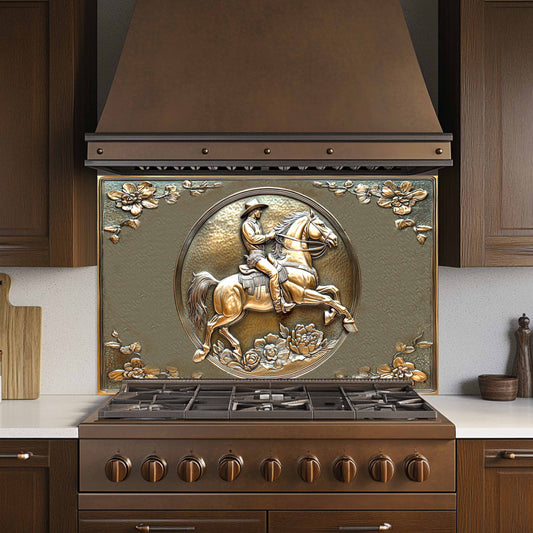 Copper Rider Tempered Glass Backsplash – Western Cowboy Kitchen Stove Backsplash