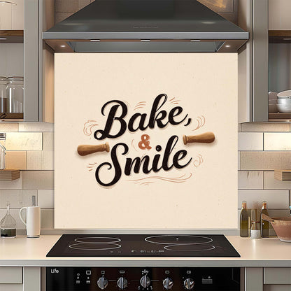 Bake & Smile – Tempered Glass Backsplash for Kitchen – Rustic Bakery Quote Splashback